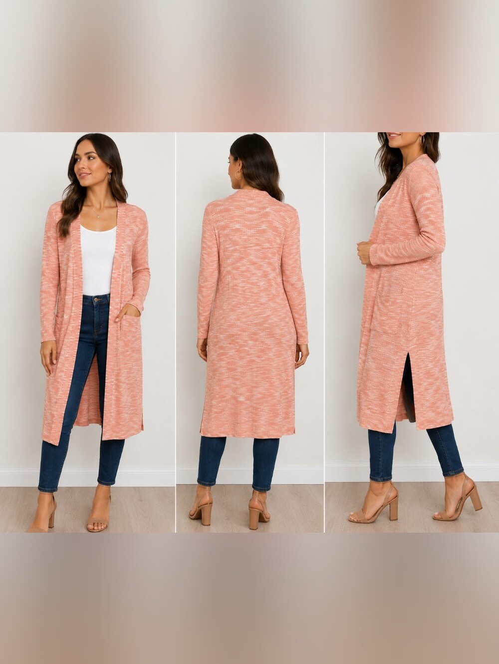 INC International Concepts Long Open-Front Cardigan - Peach Marled